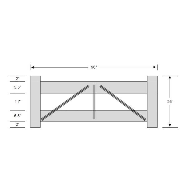Durables 2-Rail DIY Vinyl Horse Fence Gate Kit (Up To 8' Wide) - White - Measurement Diagram Shown