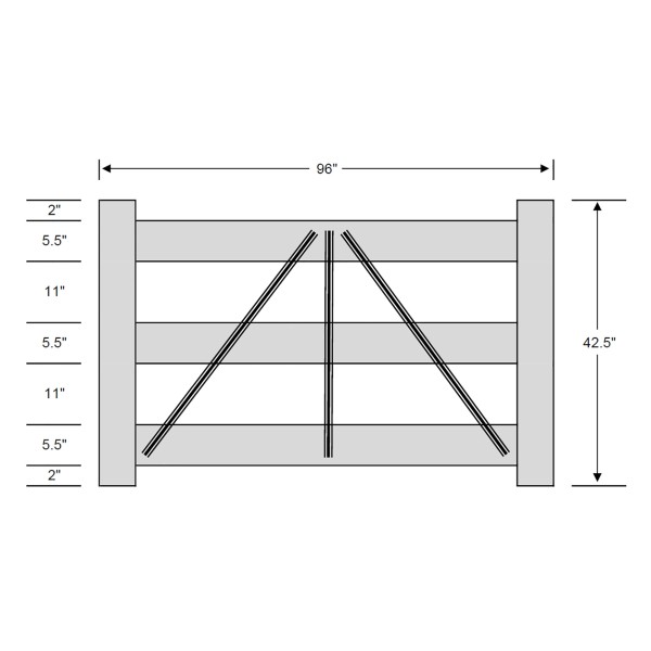 Durables 3-Rail DIY Vinyl Horse Fence Gate Kit (Up To 8' Wide) - White - Measurement Diagram Shown