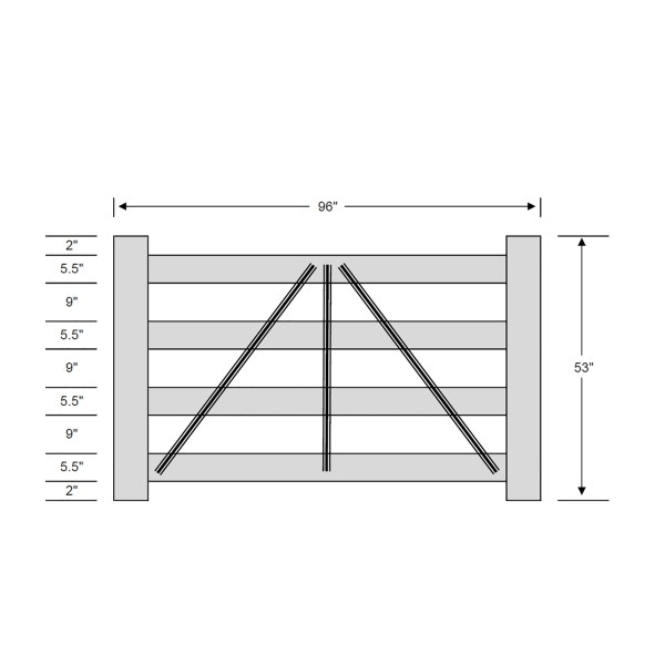 Durables 4-Rail DIY Vinyl Horse Fence Gate Kit (Up To 8' Wide) - White - Measurement Diagram Shown