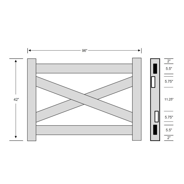 Durables Crossbuck Vinyl Horse Fence Gate Kit - Adjustable Size (Up To 8' Wide) - Gray - Measurement Diagram Shown