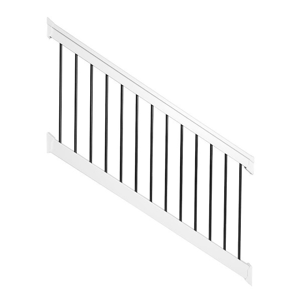 Durables 3 1/2' x 8' Kirklees Vinyl Railing Stair Section With Round Black Aluminum Spindles (White) - WWR-T42-R8S