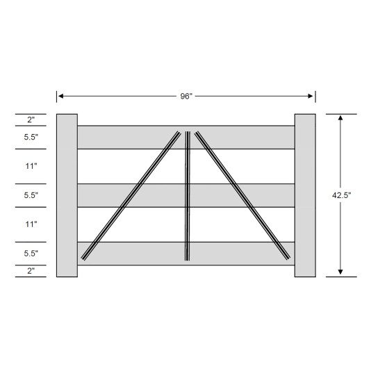 Durables 3-Rail DIY Vinyl Horse Fence Gate Kit (Up To 8' Wide) - White - Measurement Diagram Shown